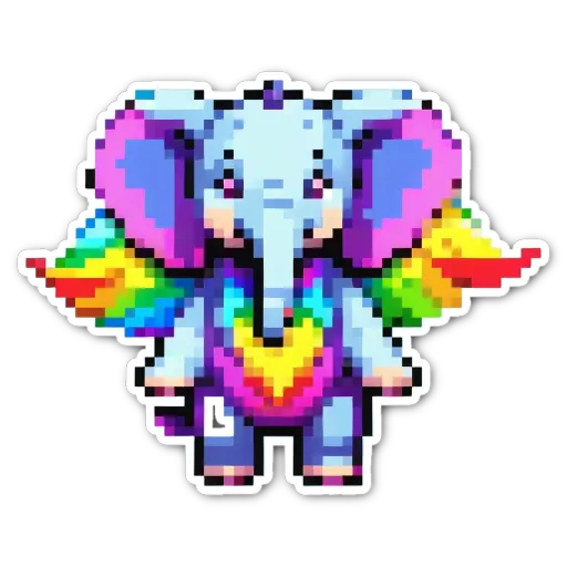 A colorful elephant with a rainbow heart.