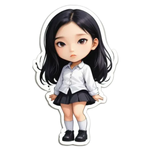 A girl is standing with her hands on her hips in front of a white shirt and black skirt.
