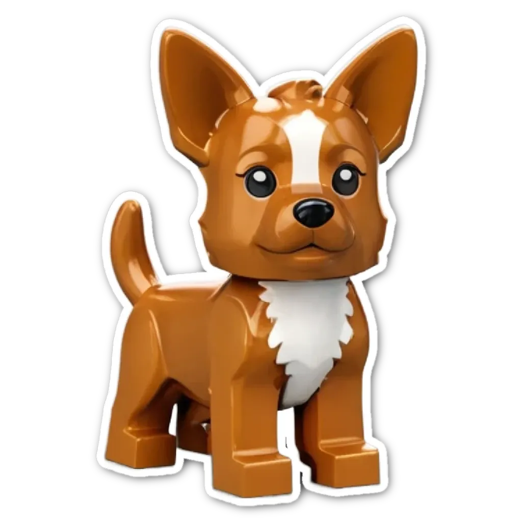 A plastic toy dog with brown and white fur.