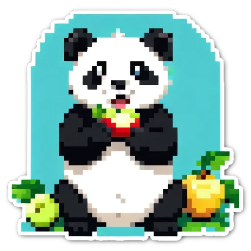 A panda bear eating an apple in a digital art.