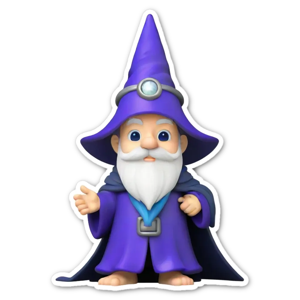 A purple wizard sticker on a black background.