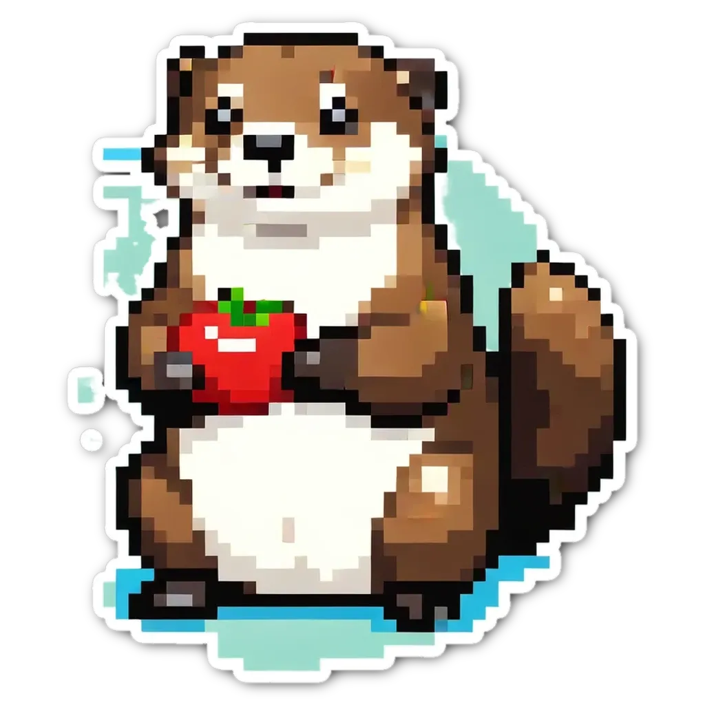 A cute digital image of a beaver holding a red apple.