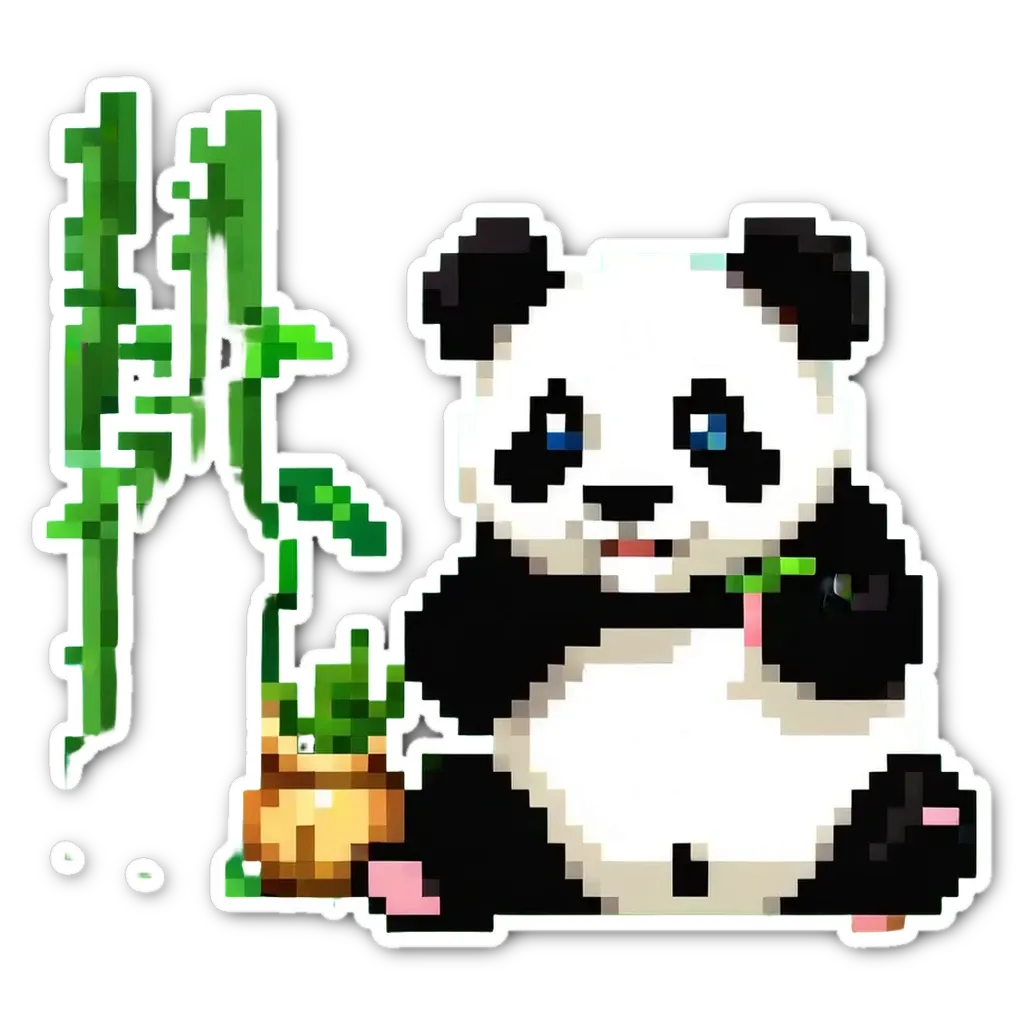 A panda bear sitting in front of a plant.