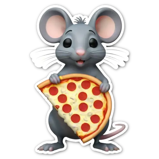 A mouse holding a slice of pizza in its right hand.