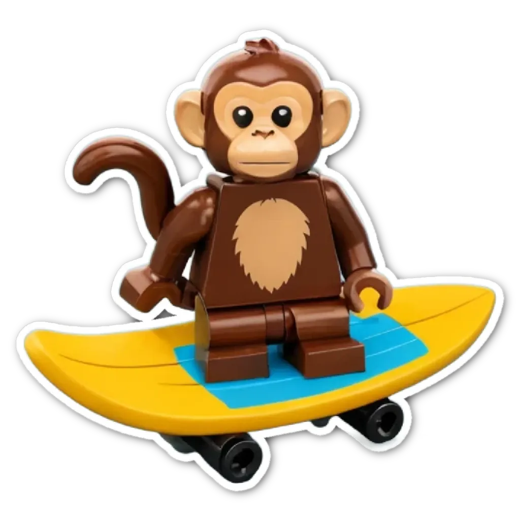 A lego monkey on a skateboard.