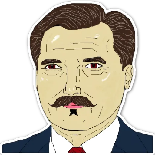 A sticker of of a man's face with a mustache and red eyes.