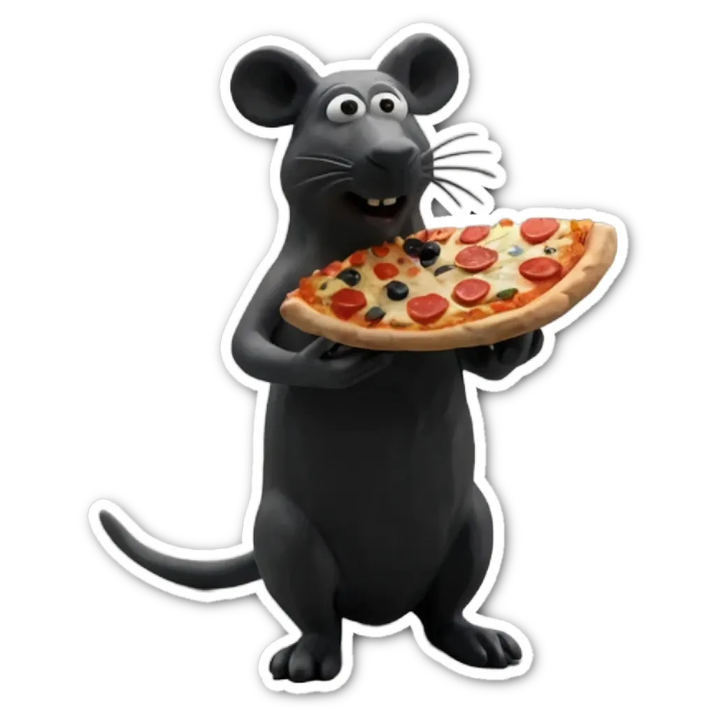 a sticker of a rat with a pizza in its mouth.