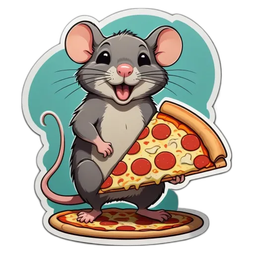 A cartoon pizza and mouse with the mouse holding a slice.