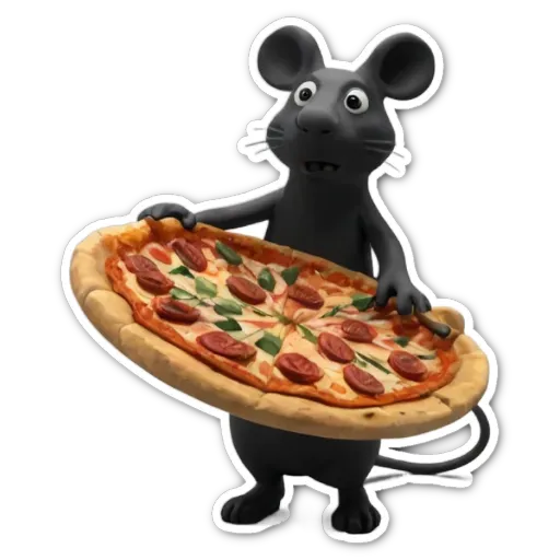 a sticker of a mouse holding a pizza.