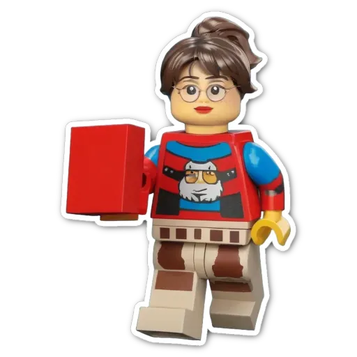 A red and blue lego figure with a book in her right hand.