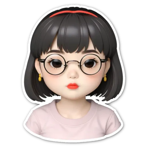 A sticker of a girl with glasses that is black and white.