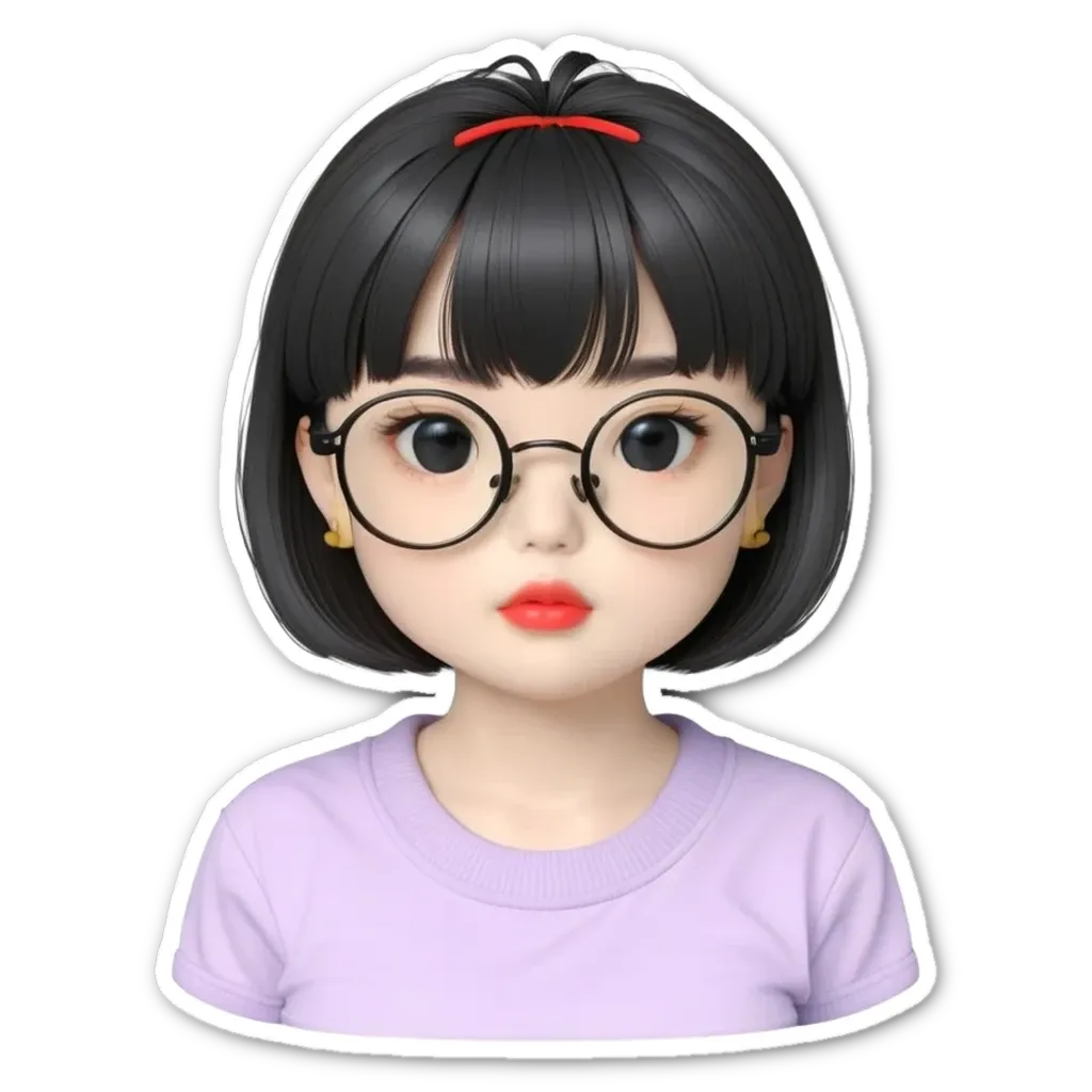 A sticker of a girl with glasses that is black and white.