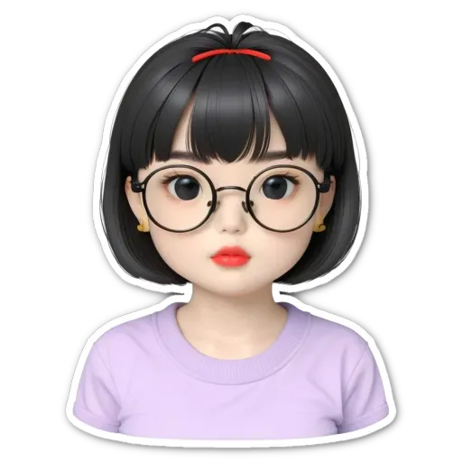 A sticker of a girl with glasses that is black and white.