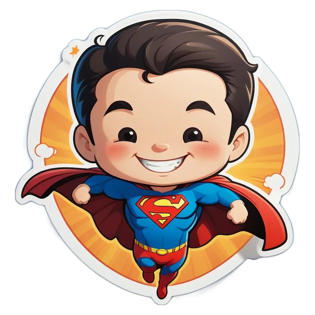 A cartoonish drawing of a boy in a cape and a smile with the words Superman on his face.