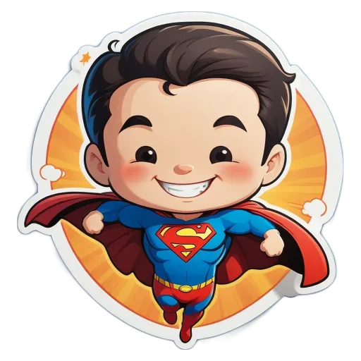 A cartoonish drawing of a boy in a cape and a smile with the words Superman on his face.