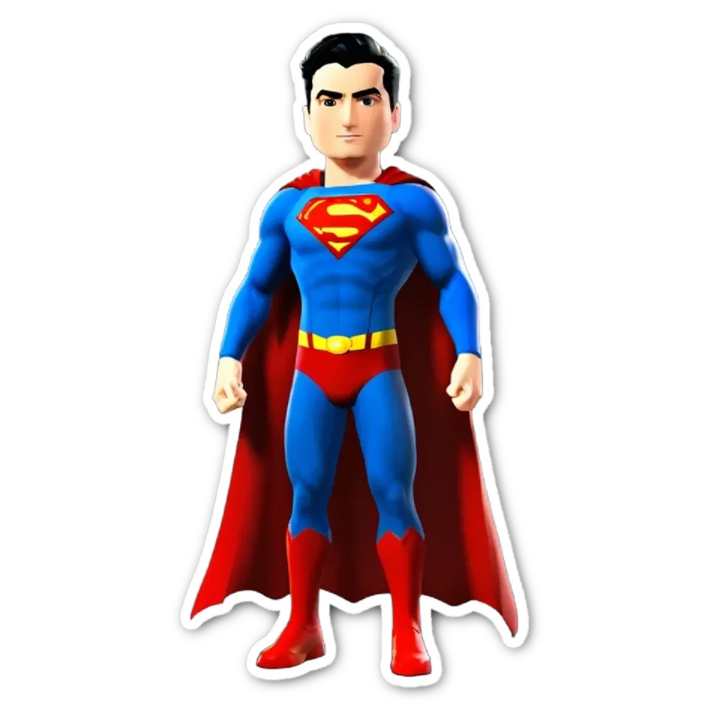 A sticker of a superman with red and blue colour with black background.