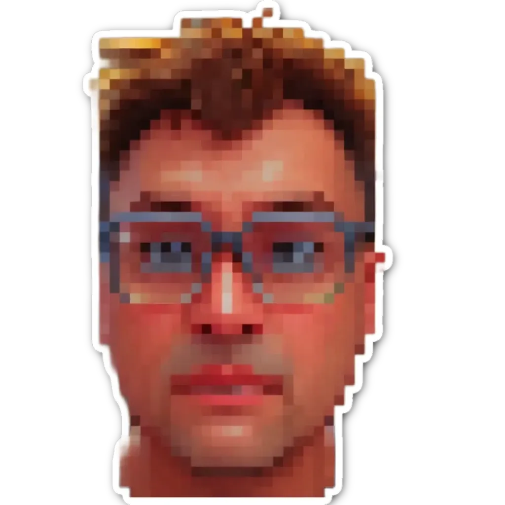 A man's face is generated using pixelated images and he is wearing glasses.