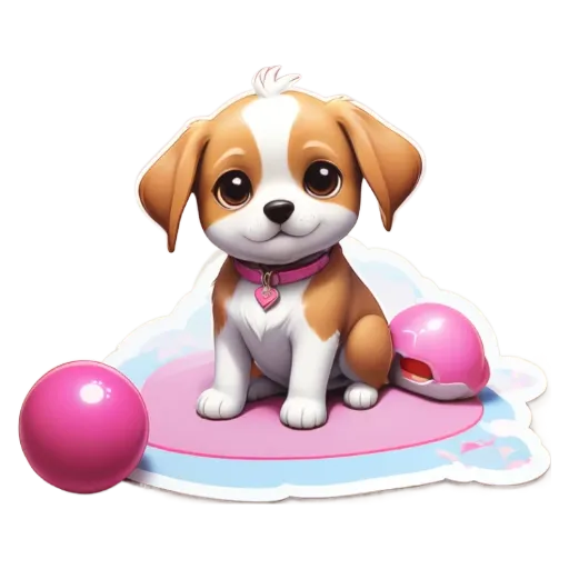 A puppy sitting on a pink and blue mat.
