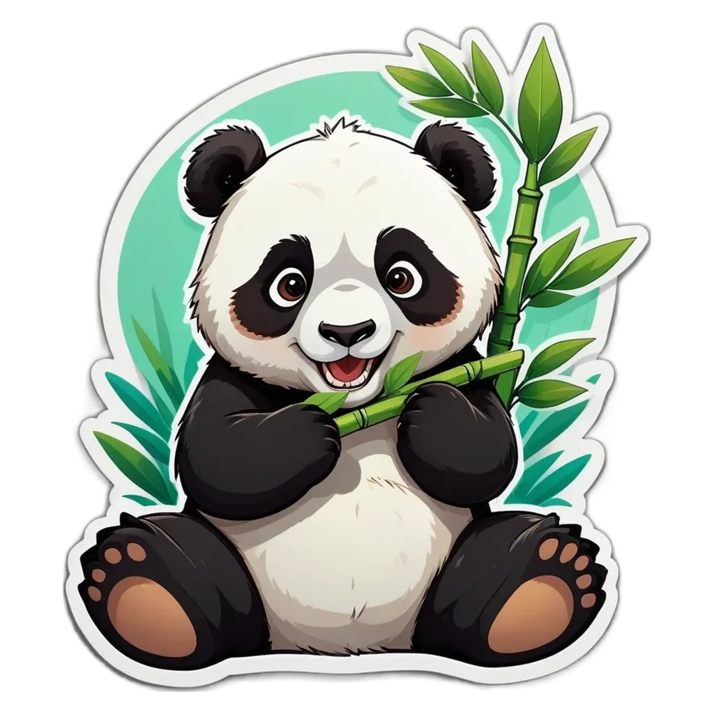A panda bear holding a bamboo in his right hand.