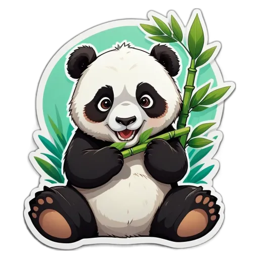A panda bear holding a bamboo in his right hand.
