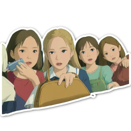 Five girls with handbags are shown in a picture.