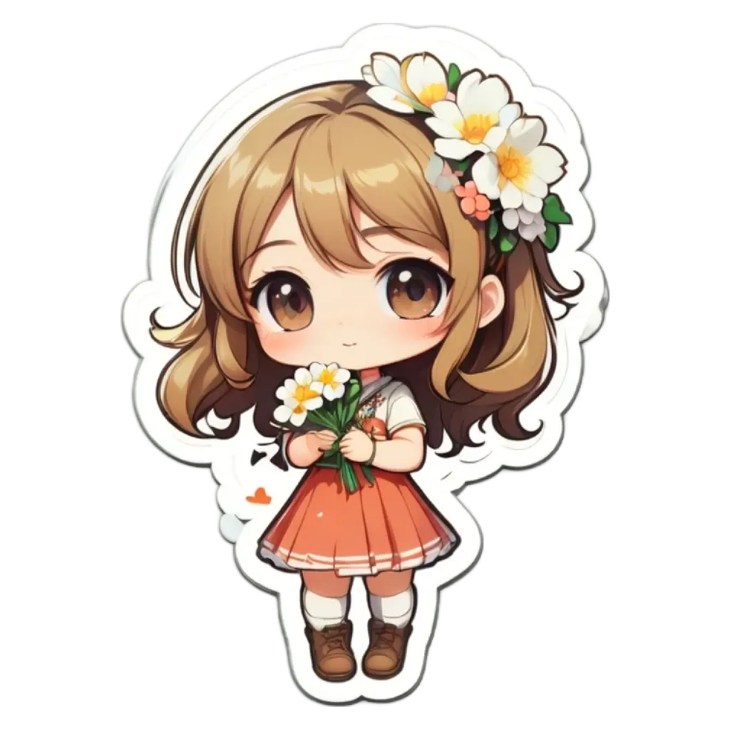 A girl in a pink dress holding flowers is shown in a black and white background.