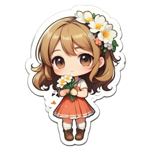 A girl in a pink dress holding flowers is shown in a black and white background.