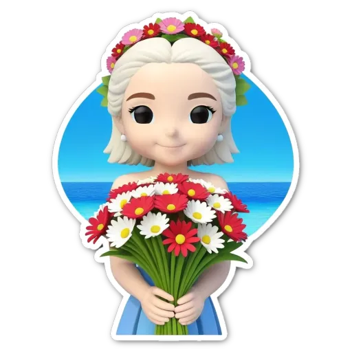 A girl with flowers in her hair is holding a bunch.