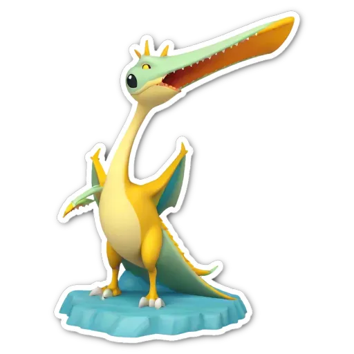 A yellow and green animal figure with a long neck is standing on a black and white background.