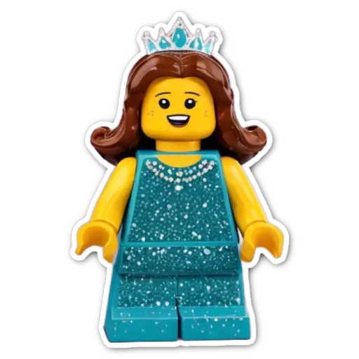 A lego girl with a crown is standing on a black background.