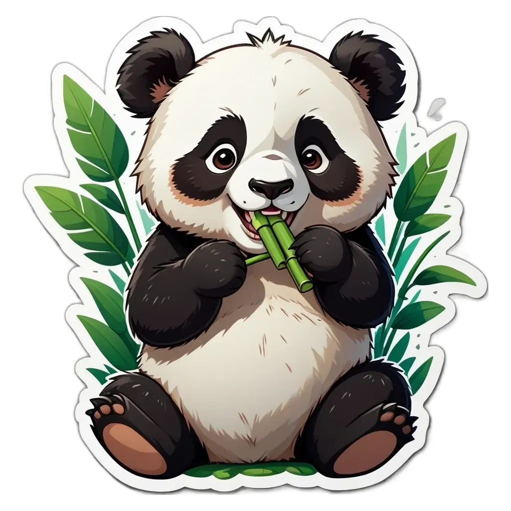 A panda bear eating bamboo is depicted in a sticker.