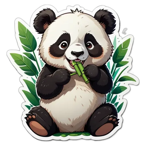 A panda bear eating bamboo is depicted in a sticker.