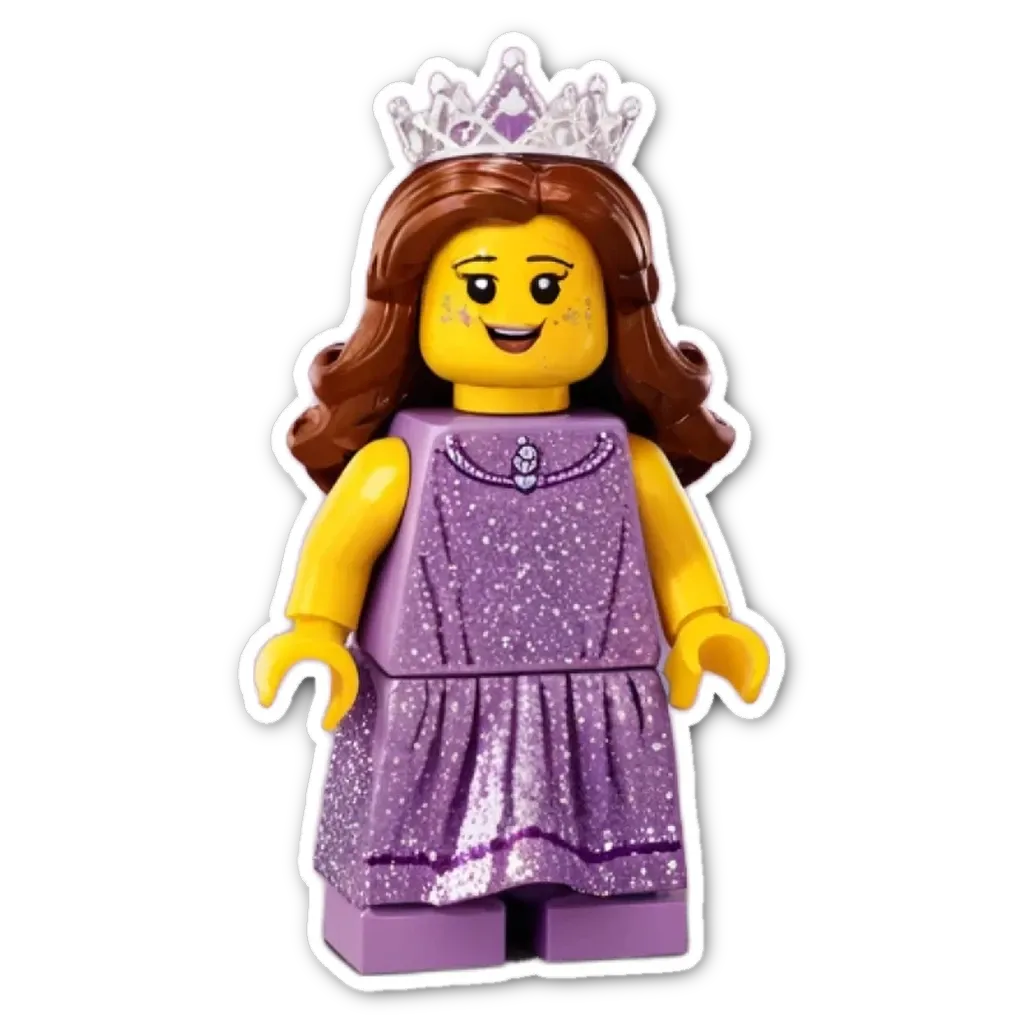 A purple and gold lego figure of a girl wearing a crown.