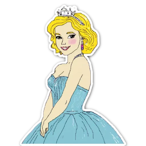 A cartoon drawing of a girl wearing a blue ball gown.