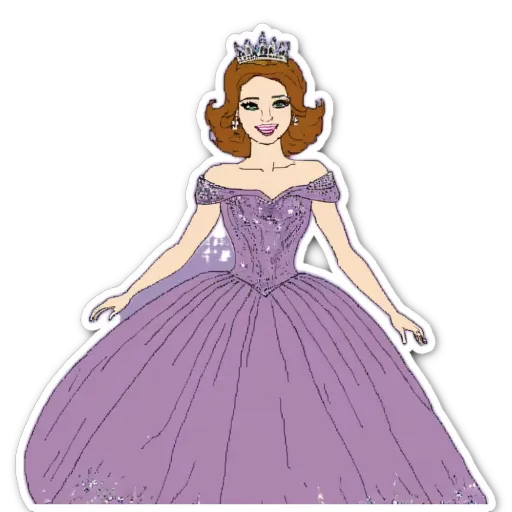 A cartoon drawing of a girl in a purple dress.