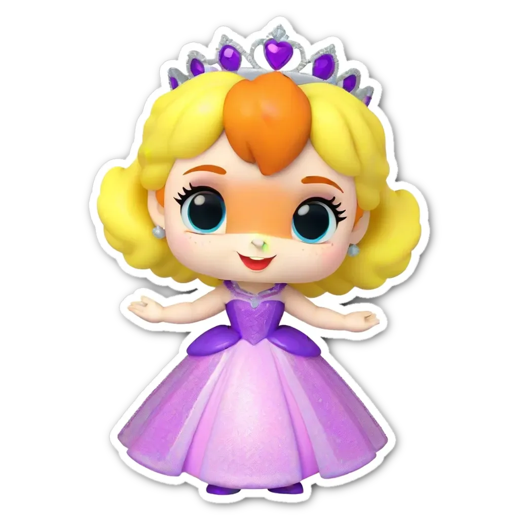 A small girl with a tiara on her head and a purple dress.