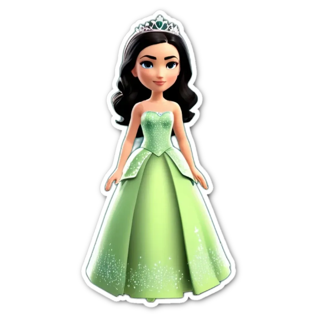 A green princesses dress with sparkles on it.