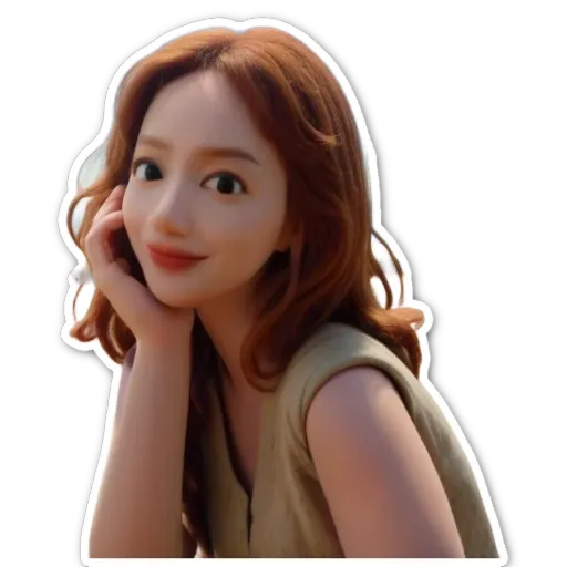 A cartoonish sticker of a girl with a fake smile.