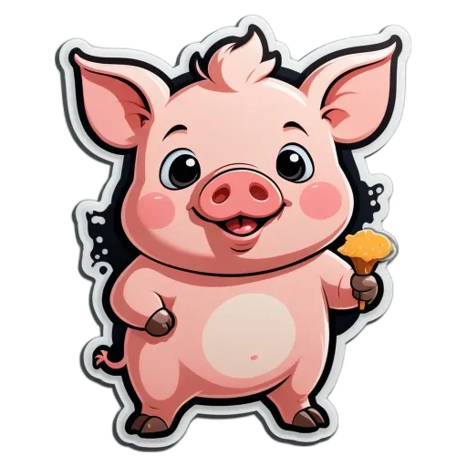 A cartoon image of a pig holding a cone of popcorn.