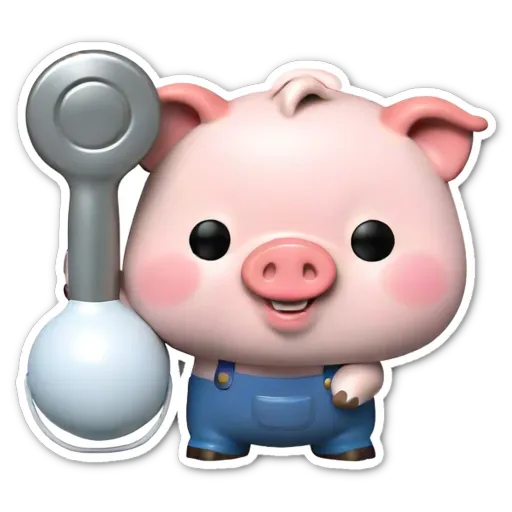 A small pig holding a plunger in its right hand.