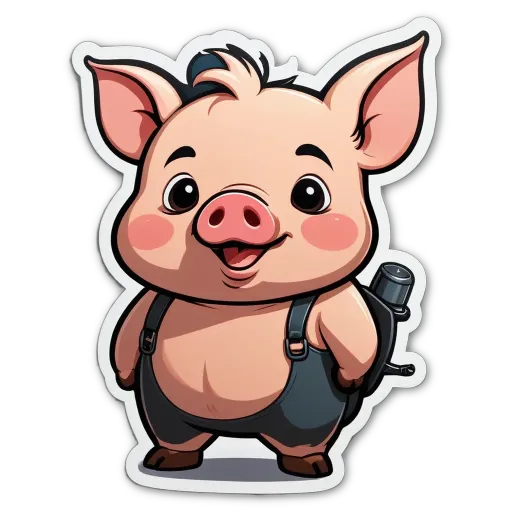 A cartoon pig wearing overalls and a backpack.