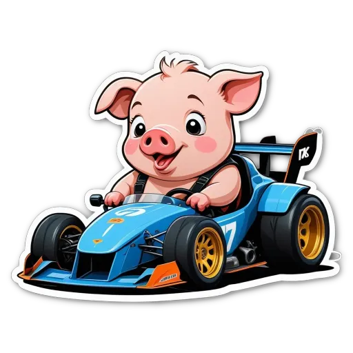 A cartoon picture of a pig driving a race car.