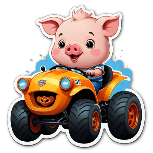 A cartoon pig driving a yellow vehicle.