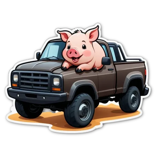 A cartoon picture of a pig riding in a truck.