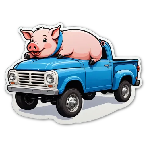 A cartoon picture of a pig riding in a truck.