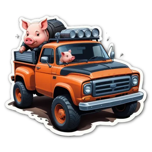 A cartoon depiction of a pig riding in a truck.