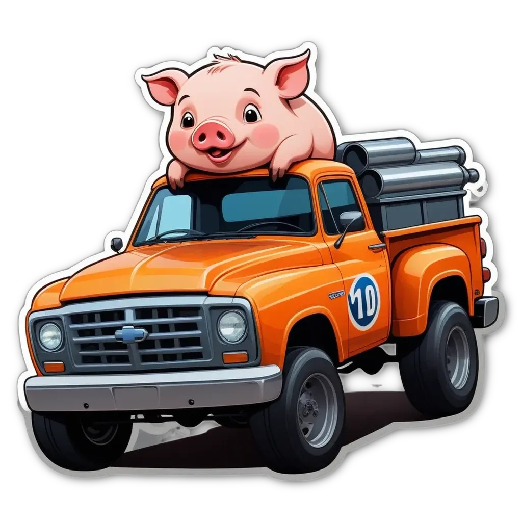 An orange truck with a cartoon pig on top.