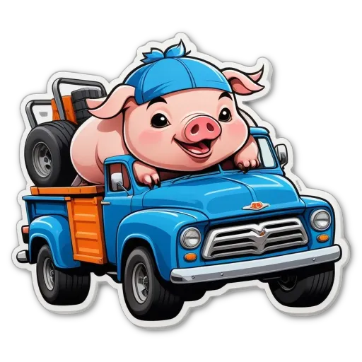 A cartoon picture of a pig riding in a truck.