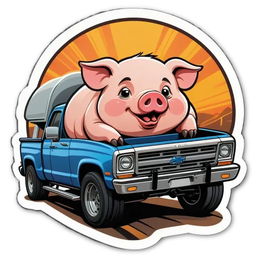 A cartoon picture of a pig riding in a truck.