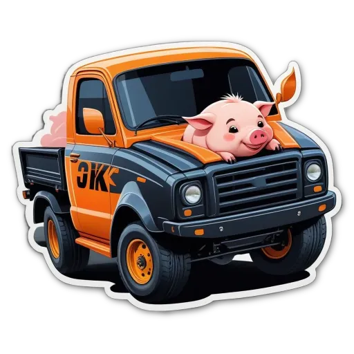 A cartoon picture of a pig on a truck.